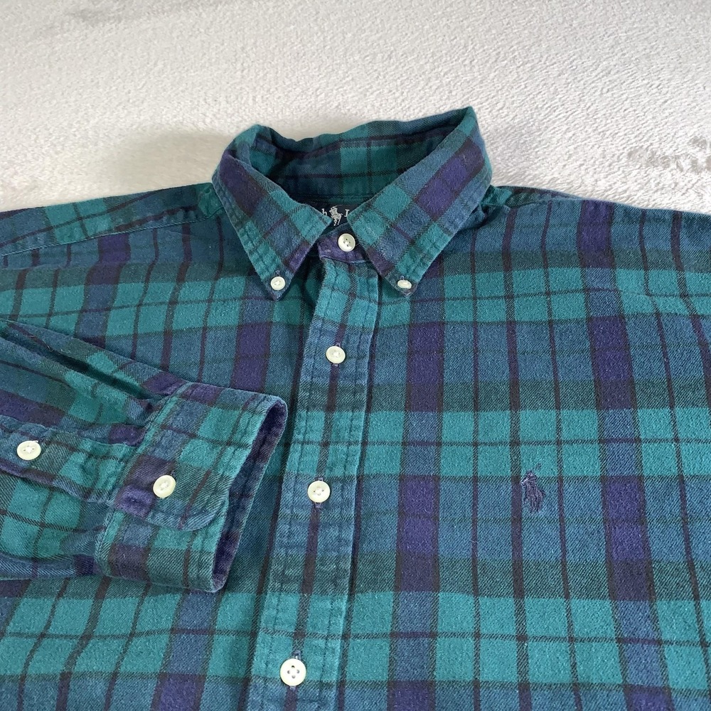 Vintage Ralph Lauren Shirt Mens XL Green Blue Plaid Flannel Button Down LS 90s